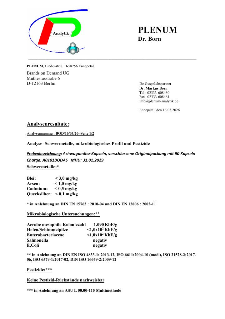 Erste Seite des Laborberichts zu Ashwagandha (10% Withanolide) Kapseln