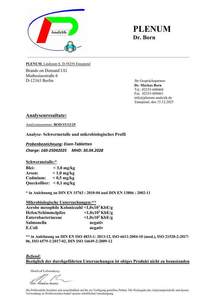 Erste Seite des Laborberichts zu Eisen Bisglycinat 25 mg - 500 Tabletten