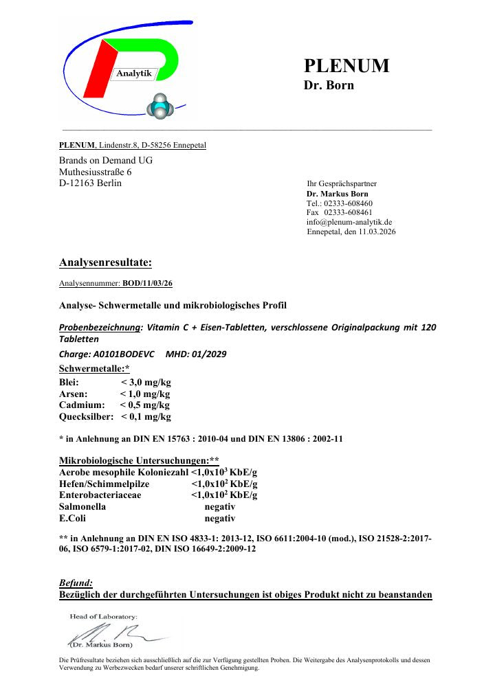 Erste Seite des Laborberichts zu Eisen + Vitamin C Tabletten