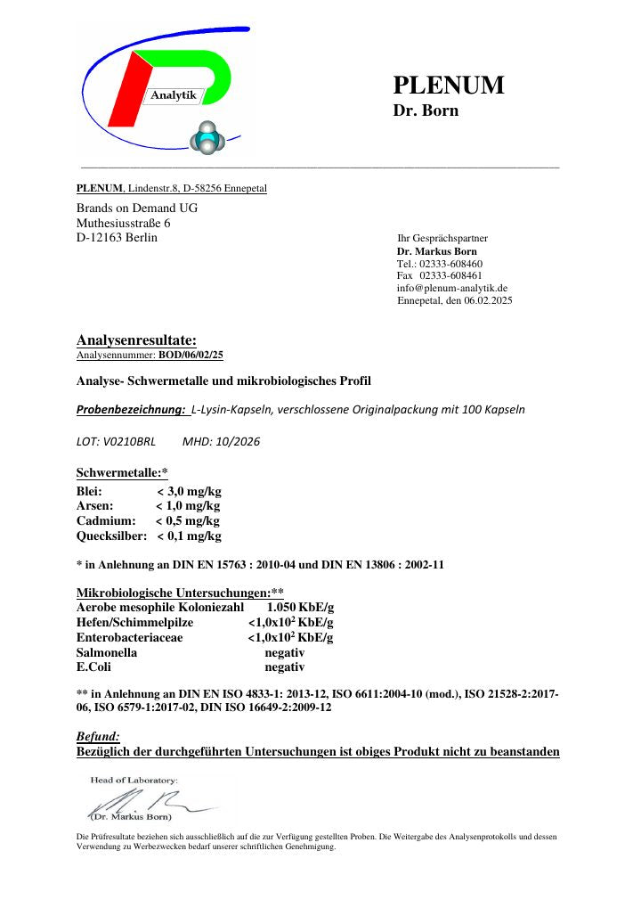 Erste Seite des Laborberichts zu L-Lysin, 100 Kapseln