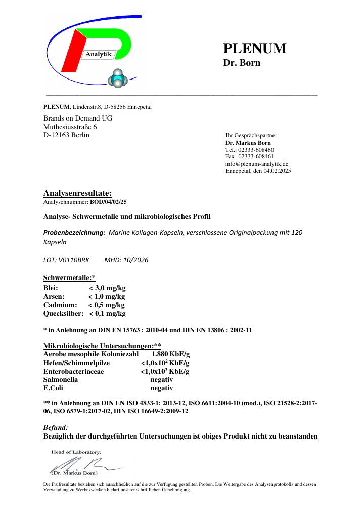 Erste Seite des Laborberichts zu Marine Kollagen Peptide (2.000 bis 5.000 Da) Kapseln