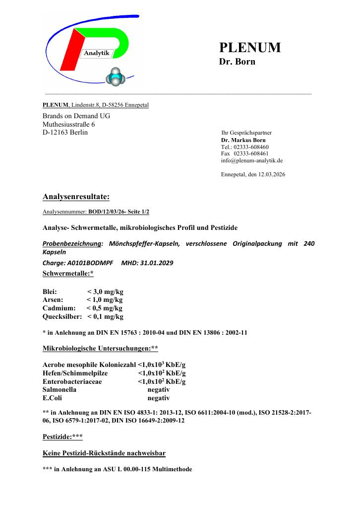 Erste Seite des Laborberichts zu Mönchspfeffer, 240 Kapseln