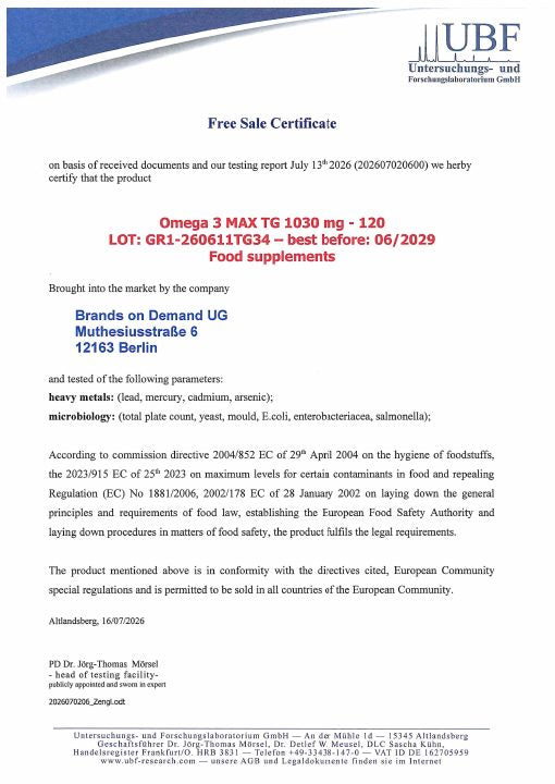 Erste Seite des Laborberichts zu Omega 3 Max 35/25 Softgels