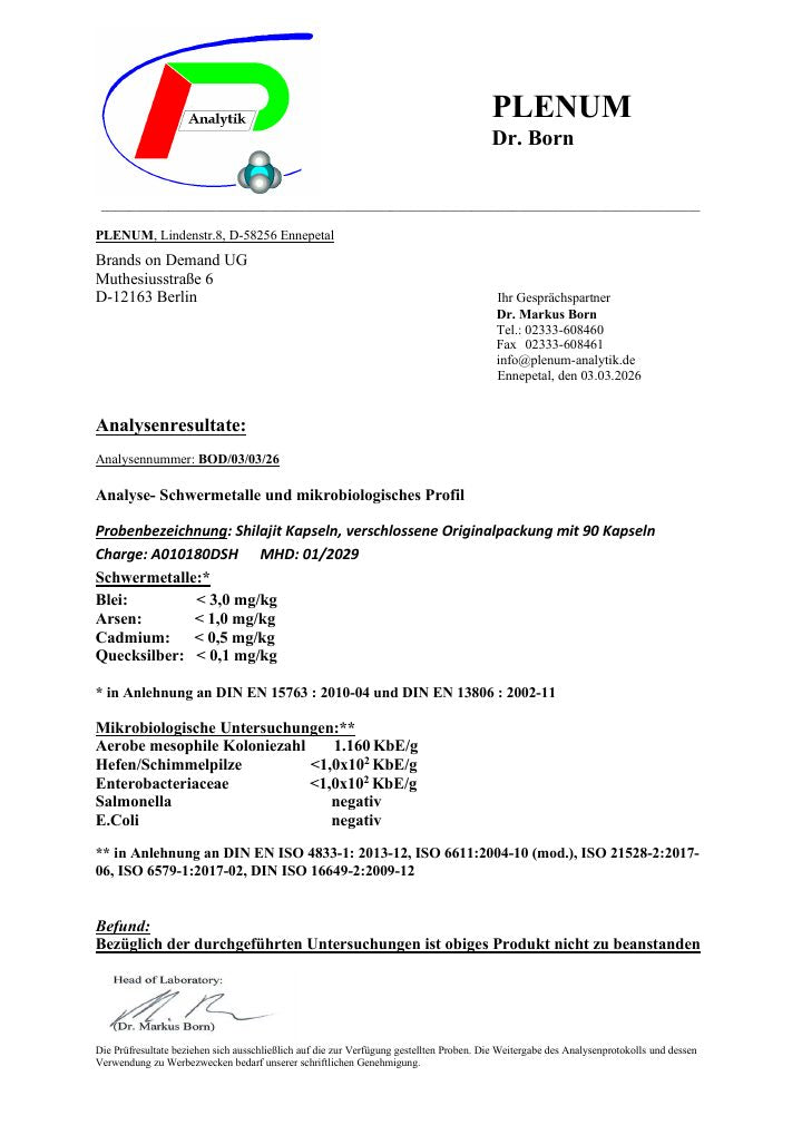 Erste Seite des Laborberichts zu Shilajit Kapseln