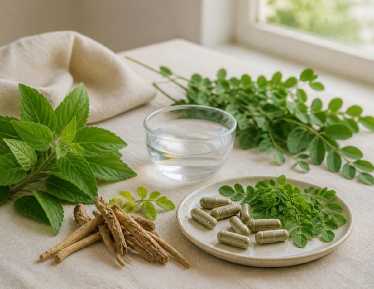 Frische Kräuter, Moringa-Blätter, Ashwagandha-Wurzeln und Kapseln auf hellem Leinen
