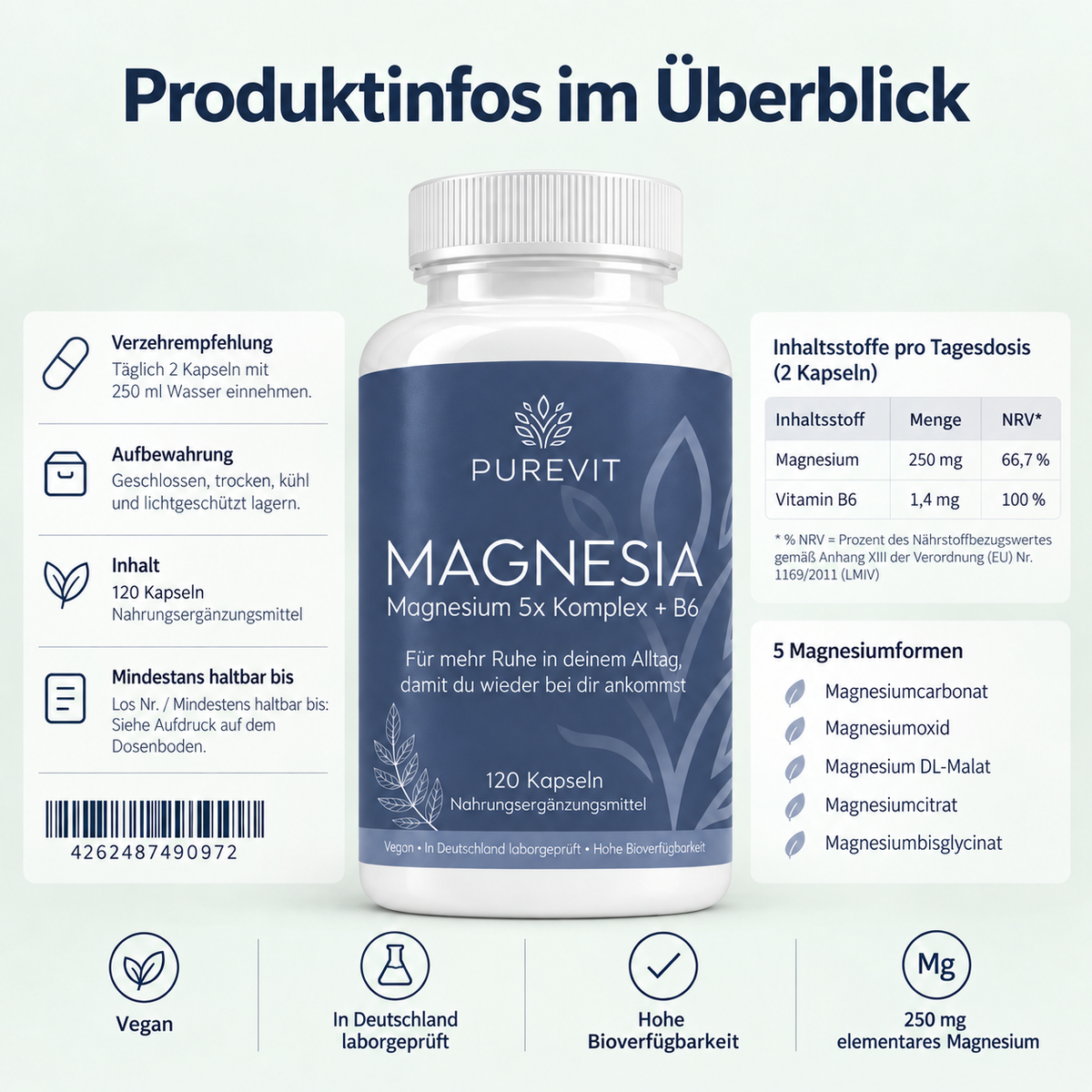 Magnesium 5x Komplex + B6, vegane Kapseln