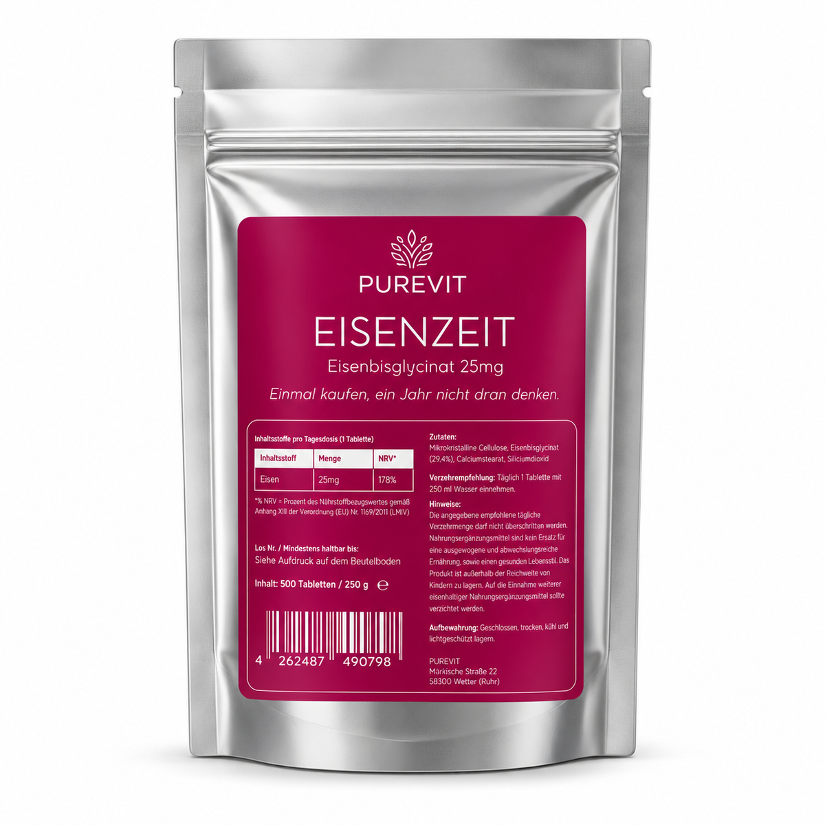 PUREVIT Eisen Bisglycinat 25 mg, Standbeutel mit 500 veganen Tabletten