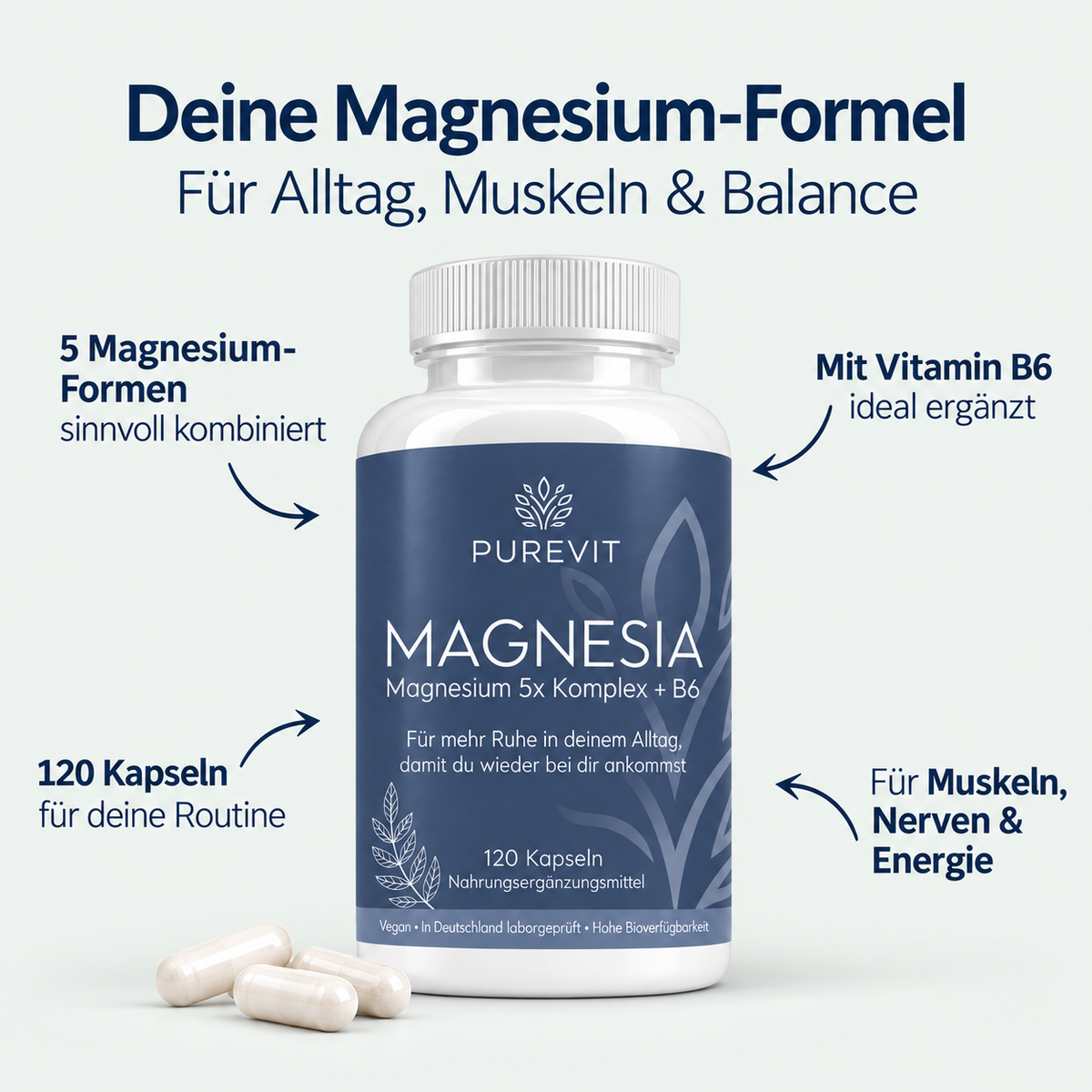 Magnesium 5x Komplex + B6, vegane Kapseln